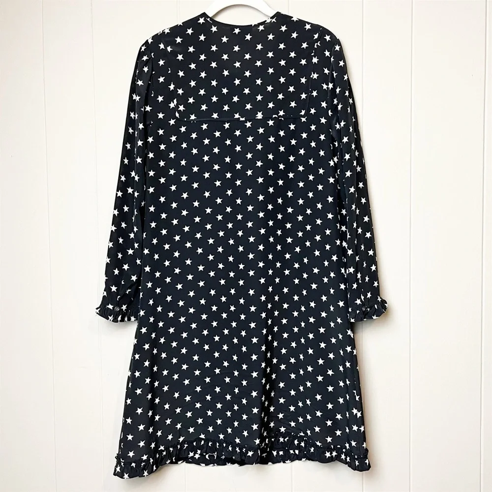 J. Crew 100% silk star print dress 4 S black white‎ neutral long sleeve shift